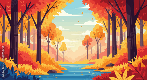 Autumn Forest Landscape with River and Colorful Foliage Vector Illustration