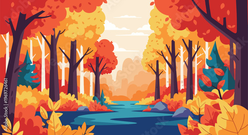 Autumn Forest Landscape with River and Colorful Foliage Vector Illustration