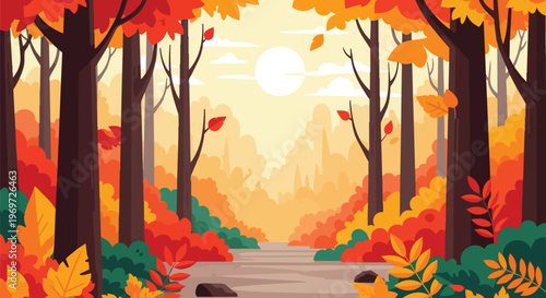Autumn Forest Path with Colorful Fall Foliage and Sunset Light