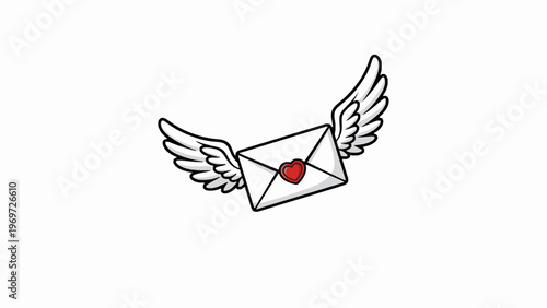 Flying love letter envelope with wings and red heart seal