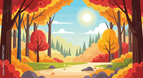 Autumn Forest Landscape with Colorful Trees and Sunny Sky