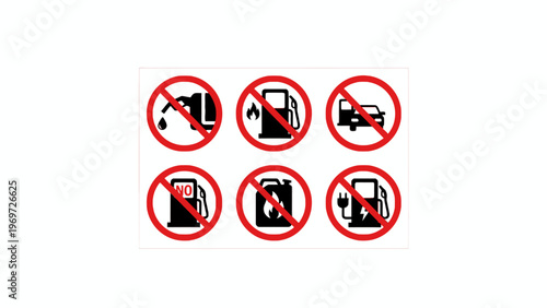 Gas station prohibition signs and no refueling icon set