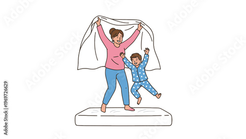 Mother and son jumping on mattress holding blanket illustration
