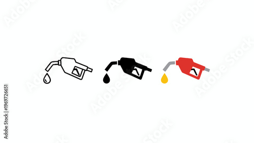 Fuel pump nozzle icon set with gasoline drop on white background