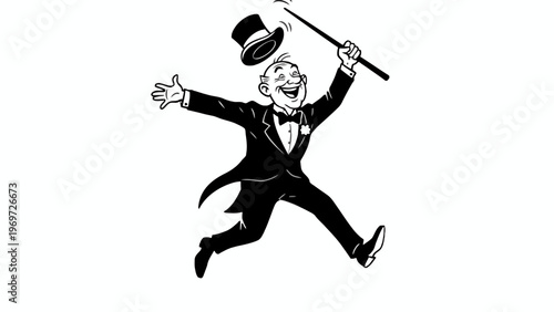 Cartoon Magician Jumping with Top Hat and Cane Illustration