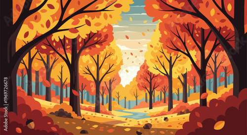 Autumn Forest Landscape with Golden Foliage and Falling Leaves