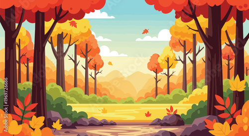 Autumn Forest Landscape with Colorful Trees and Falling Leaves Vector Illustration