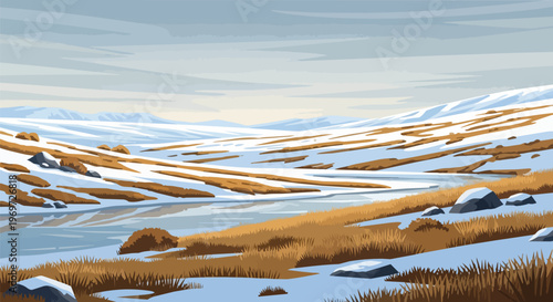 Scenic Arctic Tundra Landscape with Snow Covered Hills and Frozen Stream