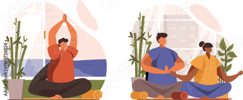 Two individuals practicing yoga and meditation together in a serene environment