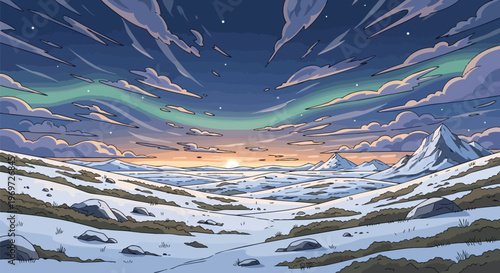 Pixel Art Winter Landscape with Aurora Borealis and Snowy Mountains