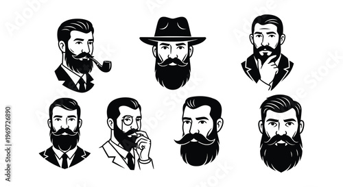 Collection of vintage style black and white illustrations of bearded men