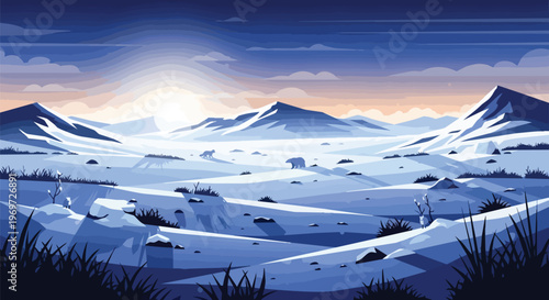 Pixel Art Snowy Mountain Landscape with Polar Bear at Sunset