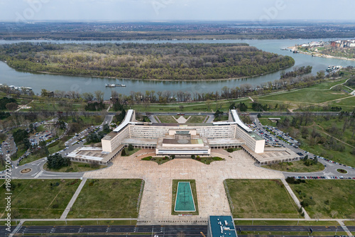 Palace of Serbia, the brutalist landmark in Belgrade and the Big war island in the background
