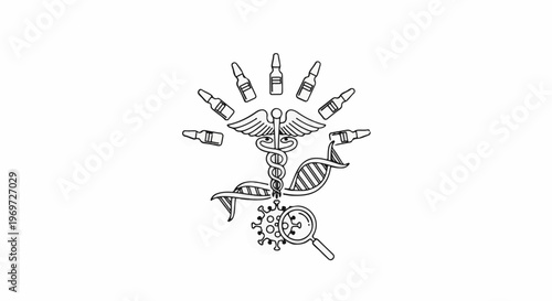 Medical symbols, DNA, virus, magnifying glass, and vials