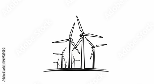 Group of wind turbines in a line drawing style