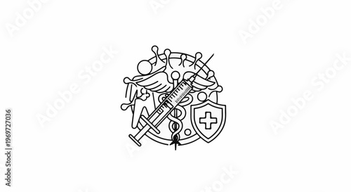 Medical symbol with syringe, virus, shield, and Caduceus