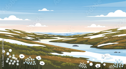 Arctic Tundra Landscape with Melting Snow and Wildflowers in Spring