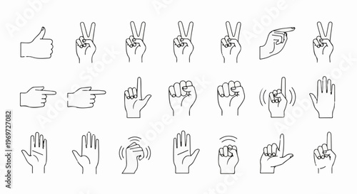 Diverse line art illustrations of hands displaying various gestures and signals