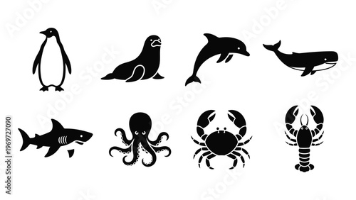 A collection of marine animals including a penguin seal dolphin and shark presented in a dark silhouette high quality professional detailed