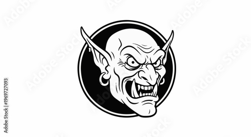 Menacing creature face, sharp teeth, pointed ears, within a black circle