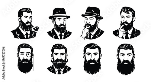 Collection of vintage style black and white illustrations of bearded men