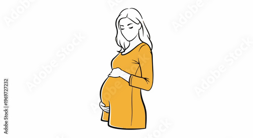 Simple line drawing of a pregnant woman wearing a long-sleeved orange dress