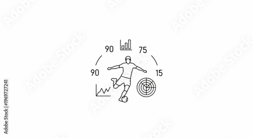 Soccer player kicking ball with surrounding sports analytics icons