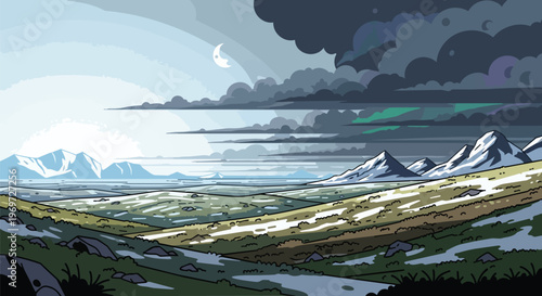 Pixel Art Mountain Landscape with Snowy Peaks and Dramatic Stormy Sky