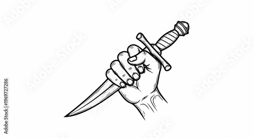 Hand grasping a pointed blade, sharp weapon, dark lines
