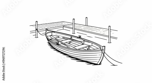 Simple line drawing of a rowboat moored to a wooden dock