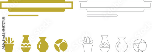 Gold and outline of potted plant vases and decorative sphere