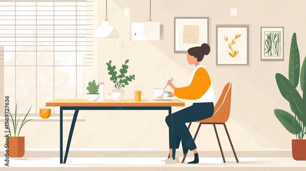 Fototapeta premium Woman eating at table in modern interior with plants and artwork