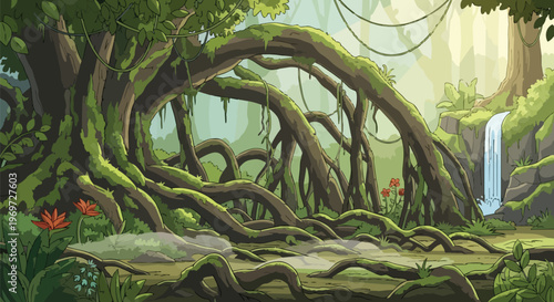 Pixel Art Jungle Landscape with Ancient Banyan Tree and Waterfall