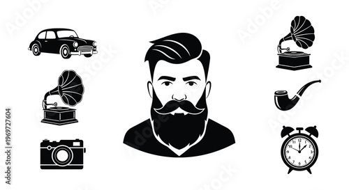 Collection of vintage style black and white illustrations of bearded men