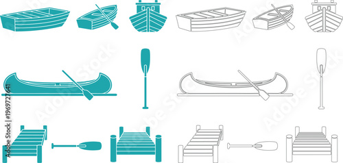Wooden boat set canoe silhouette paddle