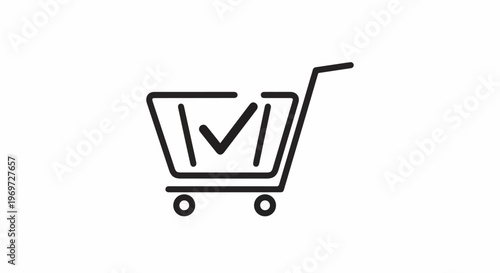Minimalist black line art of a shopping cart with a checkmark inside