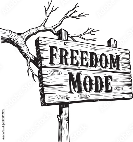 Creative illustration of freedom mode sign attached to a tree branch hand drawing illustration vector