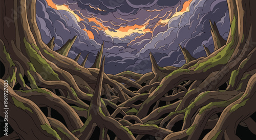 Dark Pixel Art Forest Landscape with Tangled Tree Roots and Stormy Sunset Sky