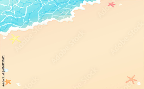 キラキラした波打ち際と砂浜の背景_横