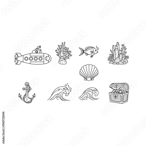 A collection of nautical icons including a submarine and sea creatures