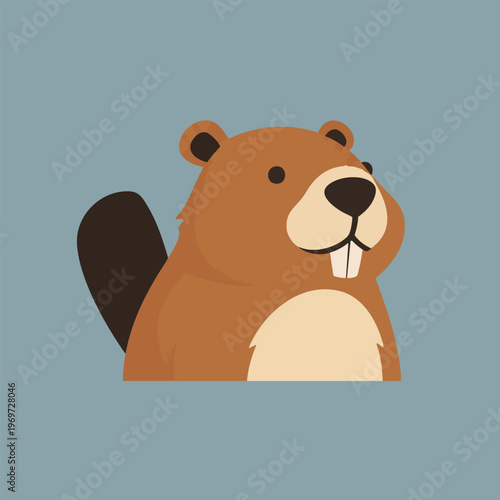 Beaver animal with brown fur large front teeth and flat tail on blue background cute cartoon vector illustration.