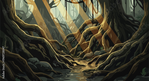 Mystical Ancient Forest with Sunlight Beams and Twisted Tree Roots