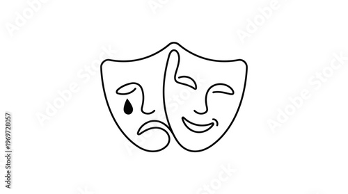 Minimalist continuous line drawing of theater tragedy and comedy mask with tear and smile vector icon.