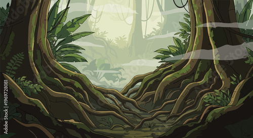 Pixel Art Jungle Landscape with Ancient Tree Roots and Foggy Forest Background