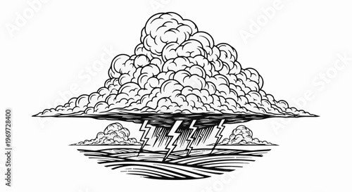 Dramatic thunderstorm with dark, heavy clouds and bright lightning bolts striking the land