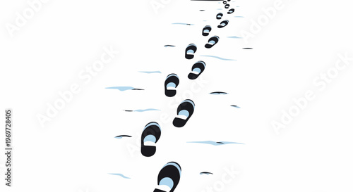 Footprints trail through snowy, flat landscape