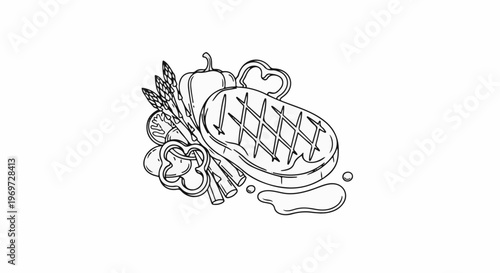 Drawing of grilled steak with asparagus, bell peppers, and a slice of tomato