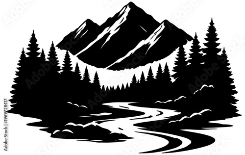 Картината върху платно Mountain Landscape Silhouette with Pine Forest and Winding River Black and White