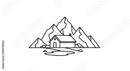 Simple line drawing of a small house nestled against rocky mountains