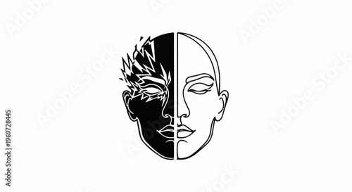 Dualistic face, one side dark and fragmented, other serene and outlined